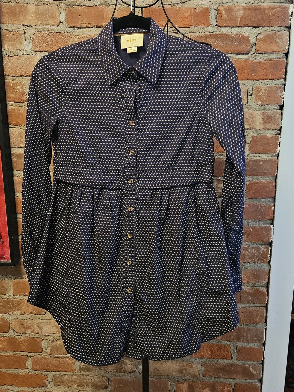Maeve Navy Blue Tiny White Dot Cotton Mini Dress With Buttons And Waist